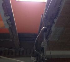 Le mur de séparation a fait apparaitre une poutre-poteau verticale avec renfort oblique qui vient soutenir une poutre horizontale le long de la facade mansardée et une autre poutre horizontale perpendiculaire qui elle passe par le milieu de l'appartement  ( des cables electriques longent cette poutre par le dessous) et cette poutre gene pour créer la tremie   possibilite de la couper  et de creer renfort pour remplacer cette poutre?