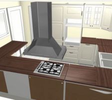 Vue 3D des meubles hauts de notre future cuisine (façades Lidingö et plan de travail motif noyer PRÄGEL)