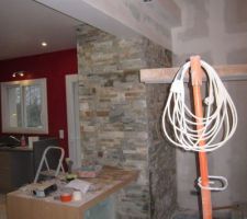 Placage en pierres sur mur dans la salle a manger