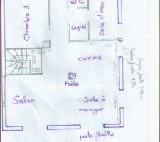 Plan fait mains calqué sur l'ancien en otant murs et cloisons que nous allons ouvrir et abattre.

Surface rdc environ 60m².