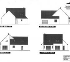 Vu d'ensemble du projet de la maison sous plusieurs axes (points cardinaux)