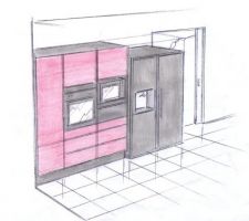 Cuisine, second pan de mur. Après la porte se trouve le lave vaisselle, qui est dans l'angle, vue sur l'autre dessin