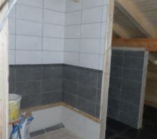 Cot&eacute; douche et au fond wc