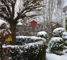Jardin sous la neige avec les mangeoirs remplis de nourriture pour les oiseaux