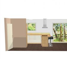 Notre projet de cuisine Schmidt Arcos coloris "wild oak" et "Muscade" (le rendu n'est pas exceptionnel sur cette vue 3D). Le sol et la couleur des murs ne sont pas encore choisis.