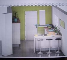 Voila la cuisine m&ecirc;me si les couleurs ne sont pas fix&eacute;eset le mur ne sera pas vert!
Deplus, on ajoutera probablement un meuble haut a gauche de l'&eacute;vier