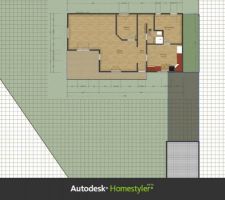 Vu de dessus de terrain et le RDC de la maison avec le garage