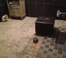 D&eacute;pose du carrelage au sol dans la salle de bain du bas