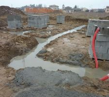 2 jours apres le coulage ... le ruisselement sur la roche amene l'eau ! Je me suis interrog&eacute; ds ce cas sur le sechage des fondations mais apparemment plusieurs avis me disent que ce n'est pas grave...