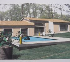 Vue arrière, mais le plan de la piscine est à faire, la piscine sera certainement plus centrée sur la maison.