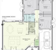 Plan initial proposé par le constructeur : maison en L pour coller au mieux aux dimensions du terrain : façade constructible de 12m, exposition Nord-Sud avec façade au sud