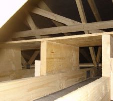 Platelage combles.
Calage bois sous OSB car l'isolant en fibre de bois soufflé ép. 300mm viendra sous ce platelage