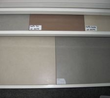 On a pris le grand beige pour les salles d'eau et le grand gris pour la cuisine