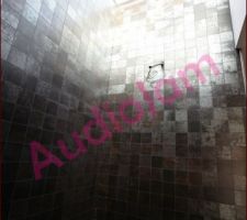 Un vue de la douche parentale avec la fenêtre de toit et le câble électrique pour l'installation d'une lampe