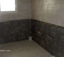 Sdb entièrrement carrelè nous avons aussi carrelè les wc avec le meme carrelage