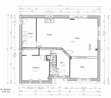 Nouveau plan du RDC suite à l'échec de la certification BBio. Une fenêtre a été supprimée, la pièce de vie a été agrandie et le WC a été déplacé.