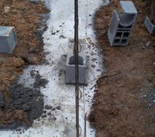 3 jours apr&egrave;s avoir coul&eacute; les fondations: pose de qq agglos.
L&agrave; encore on le trouve bien pr&ecirc;t du bord.?
Grave??