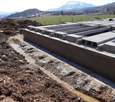 Un zoom sur les "tranchées" que le maçon a du faire pour faciliter l'évacuation des eaux de pluie et de fonte de neige avant la mise en place des drains.
Il faut que le voisin de derrière étant également en plein travaux l'eau n'est pas vraiment canalisée en ce moment.