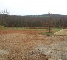 Une partie du terrain avec au loin nos arbres frutiers qui commencent à fleurir .En esperant qu il ne gèlera pas !!!