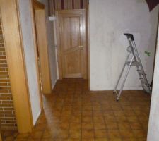 Hall d'entr&eacute;e avec carrelage ponc&eacute;/badigonn&eacute; avec primaire d'accrochage et pr&ecirc;t &agrave; &ecirc;tre re-carrel&eacute;. D&eacute;collage du papier peint en cours.