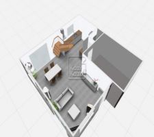 Vue 3 D aérienne SUD/EST de la maison (tous les meubles sont à la taille réelle de mes meubles