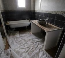 1ère couche de glycéro blanche sur les montants (béton cellulaire) enduits au plâtre du plan de la vasque (collé, lui), connectés sur des rails métalliques
