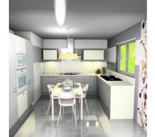 Choix de la cuisine : bicolore, quartz alu et
magnolia brillant pour les meubles hauts et fa&ccedil;ades de la tour des fours, mais mat pour
le plan de travail et la joue. Evier couleur anthracite.