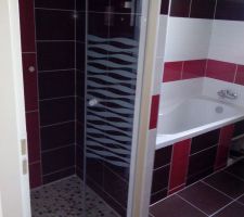 Salle de bain rouge/marron/blanc