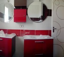 Salle de bain rouge/marron/blanc