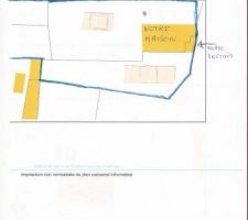 Plan cadastral, notre terrain est la limite bleu et notre maison le carré jaune