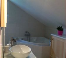 Salle de bain en sous-pente.
Une baignoire d'angle en face d'une douche.
Meuble de droite sous-pente de longueur total.