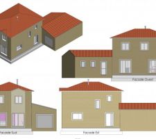 Vues façades avec rendu des enduits T80 (façades) et G20 (modénatures) PAREX LANKO et tuile Jura 10 rouge flammé