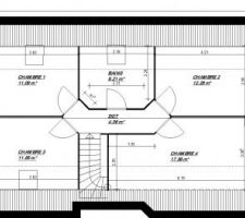 Plan du 1er étage. Nous prévoyons l'implantation d'un placard entre la chambre 1 et 3.