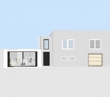 Vue 3D de la maison (sans son toit pente) et de l'extension en toit terrasse. Le cube central couvre l'escalier reliant ldes deux bâtiments