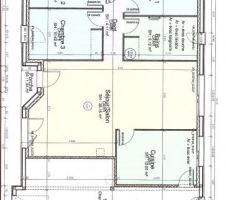Voici le plan fourni par ALLIANCE CONSTRUCTION.
Mon compagnon avait insisté pour avoir un double garage, comme nous avons actuellement.
De plus, pas de plancher chauffant comme nous avions demandé, les sanitaires à monter nous-mêmes plus les parquets des chambres à faire.
Par contre, super : une alarme anti-intrusion et une anti-incendie !!!