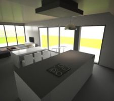 Vue 3D du salon / salle à manger / cuisine
