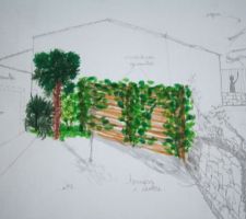 Reprise de mon dessin par mon ami Fab, proposition de triangle pour permettre au voisin d?avoir de la lumi&egrave;re...
je ne ferai pas un triangle si profond mais l'id&eacute;e m&eacute;rite d'&ecirc;tre test&eacute;e!
(actinidia (kiwi)   soit un pied m&acirc;le au lilieu et deux pied femelle sur les c&ocirc;t&eacute;s ou des autos fertile, un trachycarpus fortune&iuml; mais tu as peut &ecirc;tre possibilit&eacute; selon les temp&eacute;ratures d'en mettre des diff&eacute;rents, fatsia japonica , et un palmier acaule (ne formant pas de tronc!) sabal minor). Merci mon Fab :)