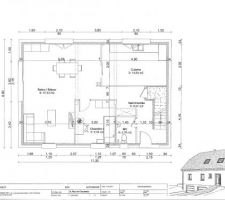 Plan du rez de chaussé.
Une cloison va encore être bougé pour exclure le poteau de droite de la chambre.
Et rajout d'une porte et double porte à la cuisine.