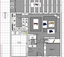 Voici les derniers plans qui seront surement les derniers!
Par rapport au premier plan du RDC voici les modifications:
- nous avons rajouté un 1 mètre de profondeur dans le salon, la maison devient rectangulaire.
- La petite salle de bain ne contiendra que la baignoire sabot et un lavabo plus un rangement
- Les toilettes seront sous l'escalier
- L'entrée est plus dégagée pour avoir la place de mettre en face de l'armoire un banc-porte manteau
- La chambre-bureau n'aura pas de porte mais une grande ouverture que l'on fermera par la suite avec 2 portes sur rail.