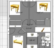 Voici le dernier plan de l'étage et ce qui change par rapport au plan initial:
- l'espace de dégagement devant l'escalier à été réduit au possible.
- Au départ la salle de bain de l'étage était accessible par une porte à côté de l?escalier. Mais ça faisait une trop grande salle de bain pour une petite chambre à côté.
Du coup la chambre et la salle de bain ont été réunies.
- Entre la chambre et la salle de bain, il y aura un dressing. Et il y aura une grande ouverture entre la chambre et la salle de bain afin de ne pas avoir une chambre trop étriquée.