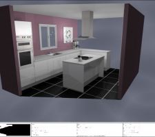 Plan de la future cuisine au style épuré - Meubles laqués blancs avec plan de travail en quartz blanc - électro-ménagers en inox - 
carrelage gris foncé en carreaux 60*60