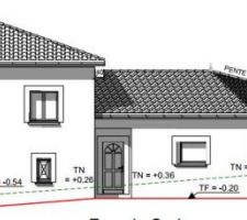 Façade telle que prévue initialement. Le toit est rehaussé