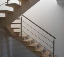 Escalier : Marches en IROKO et limon en Hêtre. Rampe inox.