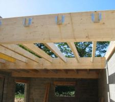 Les trois poutres 6200 x 440 x 140 et les solives 75 x 200 x 3500 qui supporterons la toiture de la partie cuisine et garage.
