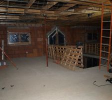 Pose des rails pour le plafond en perfo plaque et mise en place de la laine de verre en combles