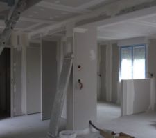 Pièce du bas, vue du salon, a gauche entrée avec petit cellier, placard, et wc, a la l'ace de l échelle futur escalier, puis a droite, vue sur la cuisine