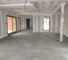 Le salon - salle à manger. Au fond à droite, la porte d'entrée. Au fond à gauche, la cuisine et la porte qui mène au garage.
On peut voir une partie du faux plafond.