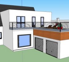 Je me suis "amusé" à refaire le plan dans SketchUp en prolongeant l'extension jusqu'au niveau des garages.

Au-dessus des garages une grande terrasse.