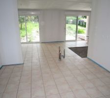 Carrelage Golf beige 31x31, vu de la cuisine et et s&eacute;jour.