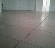 Début de la pose du carrelage, fin de la deuxième journée (toutes les coupes ont été collées.